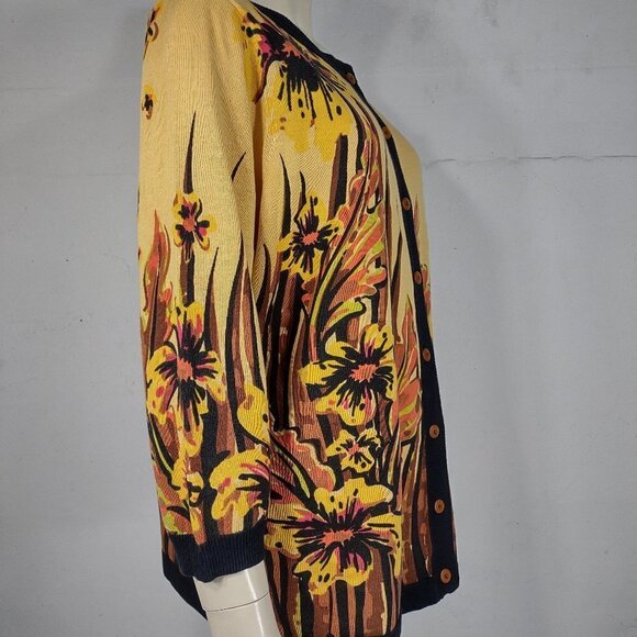 Bob Mackie yellow orange brown floral button front cardigan sweater ladies Large - Picture 3 of 7